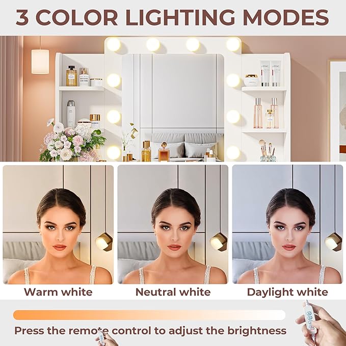 IRONCK Vanity Desk with Mirror and Lights, Small Makeup Vanity Table with 3 Color Modes, 2 Drawers, 2 Side Shelves & Open Storage Shelves, Dressing Table for Bedroom,White