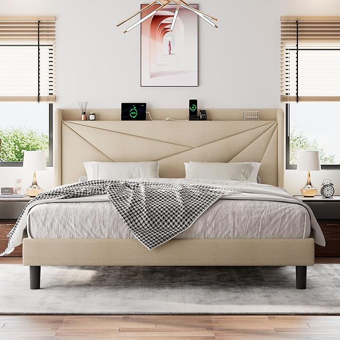 King Size Upholstered Bed Frame with Charging Station, Modern Minimalist Headboard, Solid Wood Slats Support, No Box Spring Needed, Noise Free, Beige