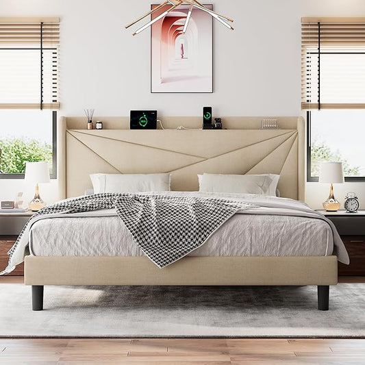 King Size Upholstered Bed Frame with Charging Station, Modern Minimalist Headboard, Solid Wood Slats Support, No Box Spring Needed, Noise Free, Beige