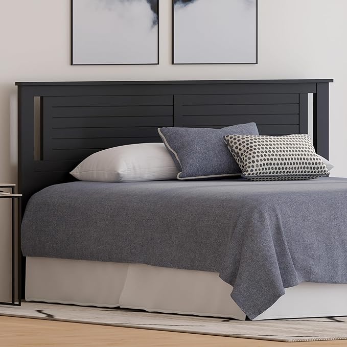 Serene Poplar Wood King Headboard, Modern Farmhouse Panel with Horizontal Scoring, King Size Headboard in Black, Casual Coastal Style, Easy Assembly, Quality Materials