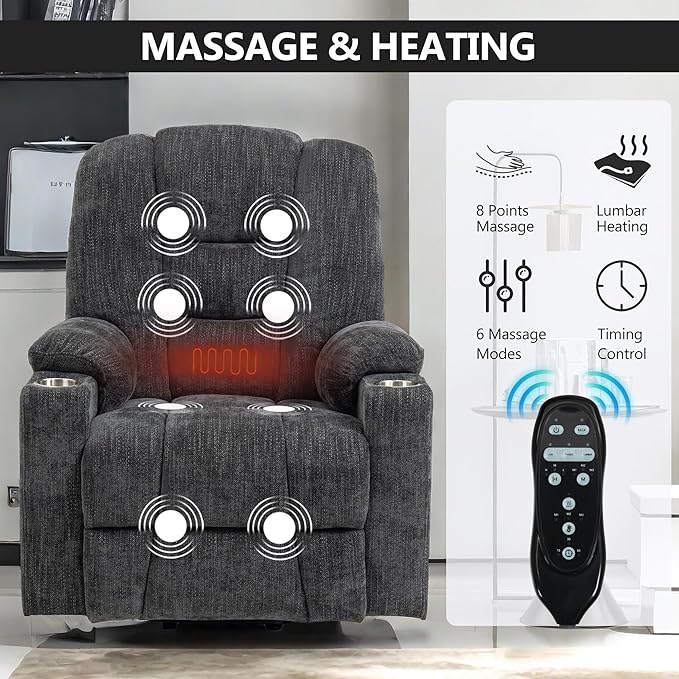 Power Lift Chair with Massage & Heat, Electric Recliner Chairs for Adults, Remote Control, Living Room Sofa, Standing Assistance, USB Ports, Stainless Steel Cup Holders, Chenill, Grey