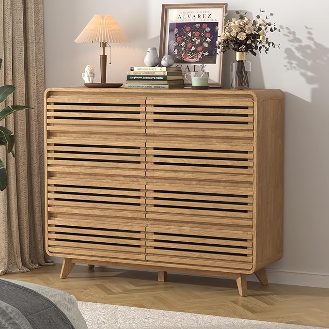 Fluted Dresser for Bedroom, Wide 8 Drawers Dresser, Chests of Drawers with Grille & Curved Design, Dressers Slides Pre-Installed, Large Wood Drawer Organizer for Bedroom Hallway, Natural Oak