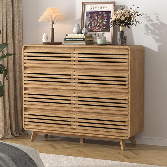 Fluted Dresser for Bedroom, Wide 8 Drawers Dresser, Chests of Drawers with Grille & Curved Design, Dressers Slides Pre-Installed, Large Wood Drawer Organizer for Bedroom Hallway, Natural Oak