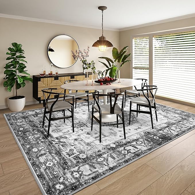 Large Washable 6x9 Area Rug, Grey Vintage Floral Rugs for Living Room, Non Slip Low Pile Carpet for Bedroom Dining Room, Thin Indoor Carpet for Office Classroom