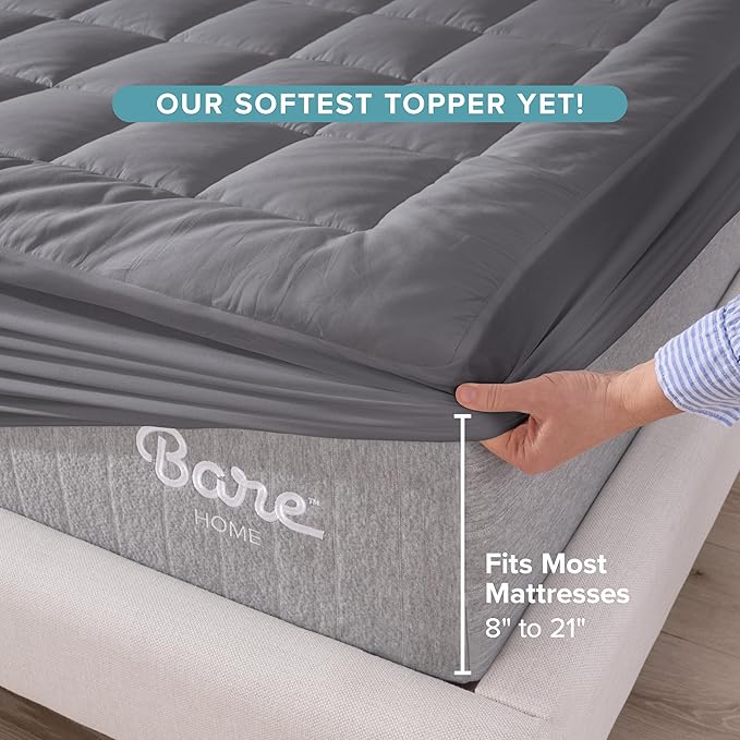Bare Home Queen Mattress Topper Cotton Top - Plush Topper for Mattress - Fitted Mattress Cover - Cooling Breathable Air Flow - 8" to 21" Deep Pocket - Soft Mattress Pad (Queen, Grey)