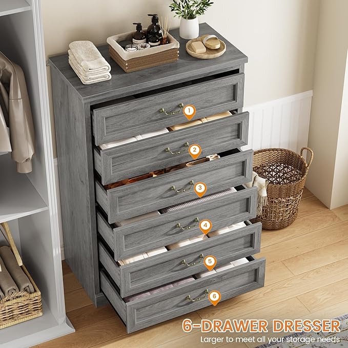 DICTAC Farmhouse 6 Drawers Dresser for Bedroom,51.2" Tall Rustic Wood Chest of Drawers,Large Storage Chest with Vintage Metal Handles, White Dresser for Bedroom,Closet,Hallway,Oak Grey