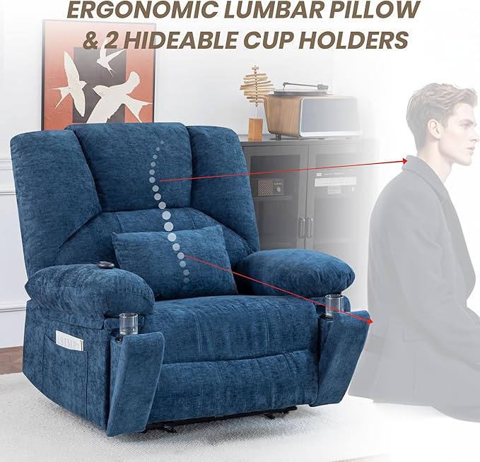 Oversized Power Recliner Chair 350lb with Hidable Cup Holders, Extra Wide Large Big Electric Recliner Chair with Lumbar Support Pillow Nursery Chair Living Room (Power, BLUE-6001)