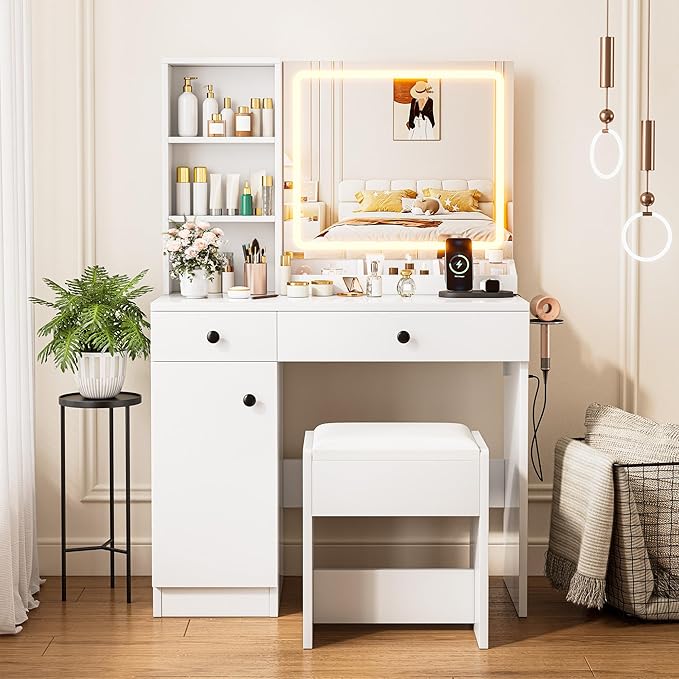 KAMABOKO Modern Vanity Desk with HD Mirror and Adjustable Lights, Makeup Table with Power Outlet, 2 Drawers & Large Cabinet, White Dressing with Stool for Girls Bedroom