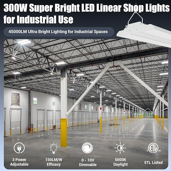 4-Pack 300W LED Linear Shop Lights, 45000LM Led High Bay Lights 5000K Daylight 120-277V, Led Garage Light for Shop Workshop Store Commercial Supermarket Warehouse Basement Exhibition Room ETL