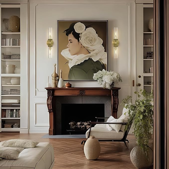 Knurled Brass Wall Sconces Set of Two,21" Sconces Wall Lighting 2-Light, Gold Bathroom Wall Sconces, Glass Vanity Lights, Indoor Wall Sconce for Bathroom,Bedroom, Living Room, Hallway