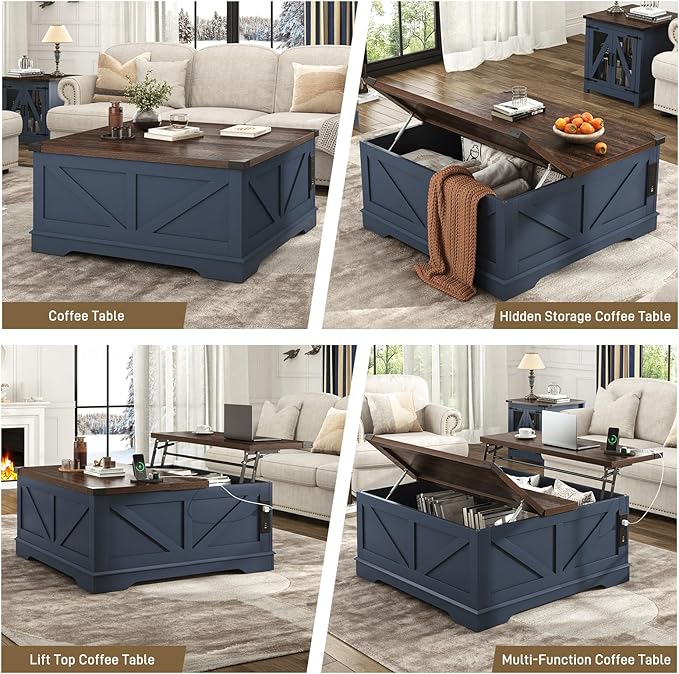 40” Large Farmhouse Lift Top Coffee Table with Power Outlets and Large Hidden Storage, Square Wood Living Room Tables, Multi-Function Lift Wooden Barn Door Center Table, Blue