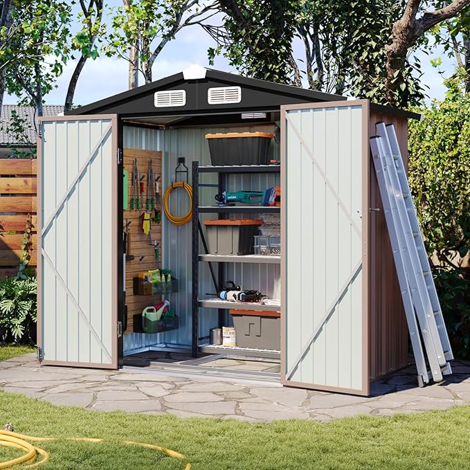 Aoxun 6x3.9 FT Shed with Base Metal Outdoor Storage Shed Garden Shed with Lockable Doors Tool Shed Bike Shed for Backyard, Patio, Poolside (Brown)
