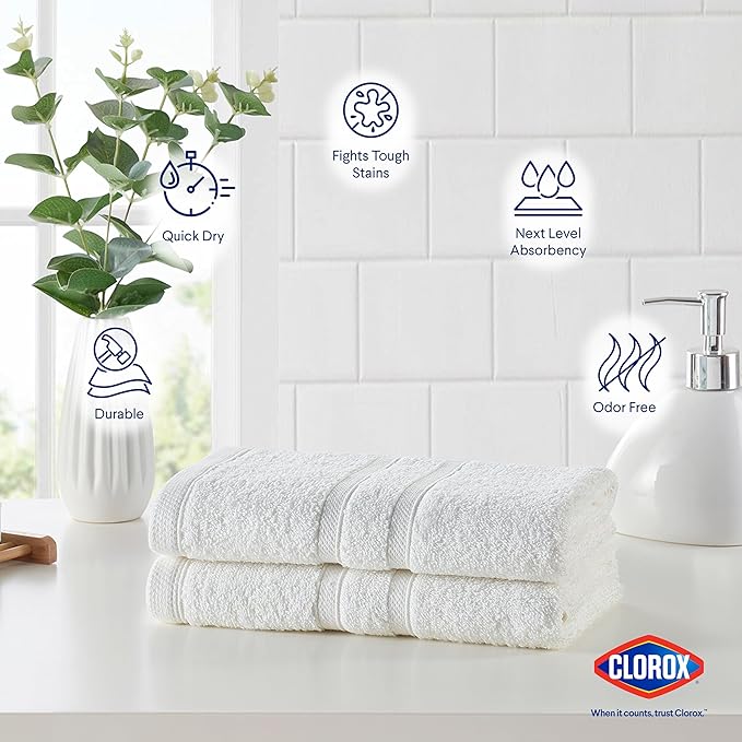 CLOROX Bleach Friendly Towels, Quick Dry, 100% Cotton Hand Towels (16" x 26"), Highly Absorbent Soft Lightweight, Ideal for Everyday Use, Easy to Wash (2 Pack, White)