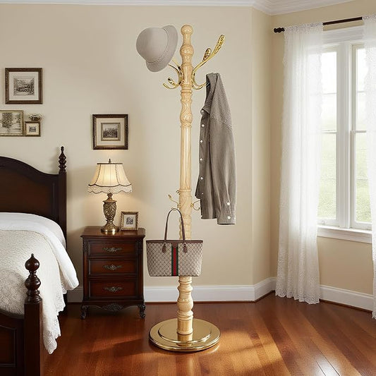 73”Vintage Wooden Coat Rack Freestanding With 14 Hooks and Sturdy Round Base。3-level Adjustable Vintage Wooden Coat Rack.Coat Rack Stand for Living Room Bedroom Office (Natural)