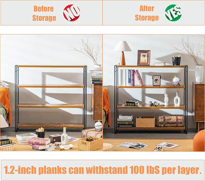 Bookshelf, 4 Tier Tall Bookcase, Industrial Book Shelf for Living Room, Home Office, Kitchen, Rustic Brown