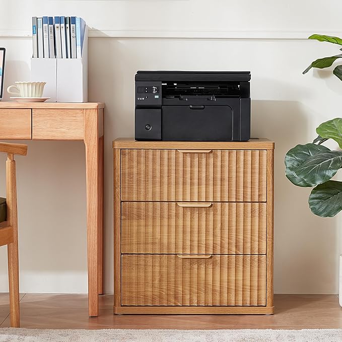 LEYAOYAO 23" Wide Fluted Farmhouse Night Stand Set of 2 with Charging Station, 3 Drawers Large End Table w/Metal Handle, Brown Nightstand Bedside Table,Wood Dresser for Bedroom, Closet