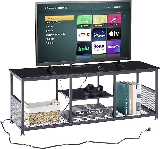 VECELO TV Stand with Power Outlets for Televisions up to 55 Inch, 47" Media Entertainment Center with Charging Station 3-Tier Open Storage Shelves with Metal Frame for Living Room/Bedroom，Black