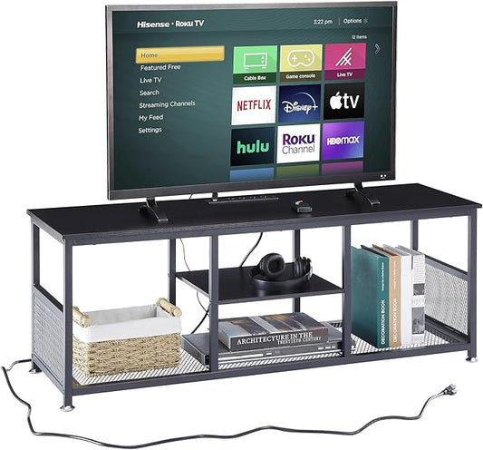 VECELO TV Stand with Power Outlets for Televisions up to 55 Inch, 47" Media Entertainment Center with Charging Station 3-Tier Open Storage Shelves with Metal Frame for Living Room/Bedroom，Black