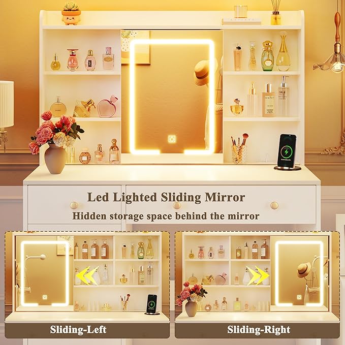 Vanity Desk with Mirror and Lights, 37" Makeup Vanity Desk with LED Lighted Mirror, Power Outlet, White Vanity with Storage Cabinet, 2 Drawers & 6 Shelves for Bedroom