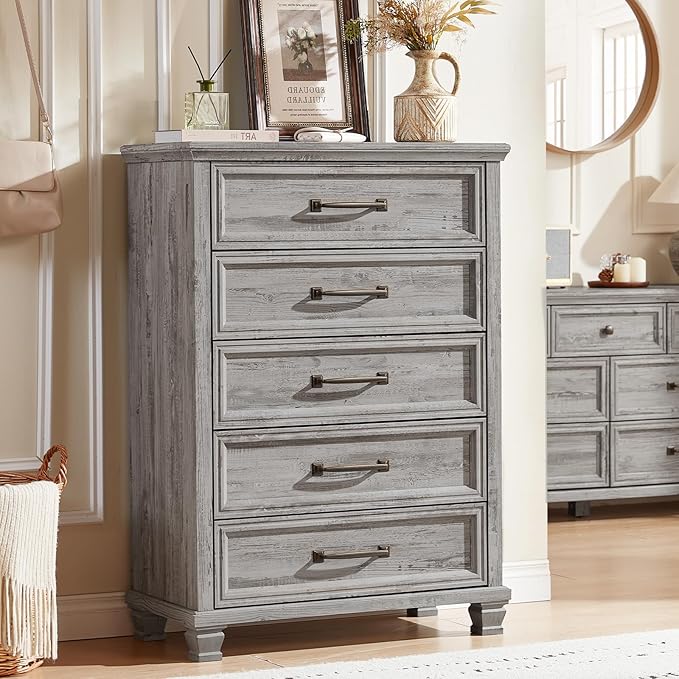 Farmhouse 5 Drawer Dresser for Bedroom, 45” Tall Dresser for Closet, Rustic Wooden Chests of Drawer for Bedroom, Hallway, Entryway, Grey