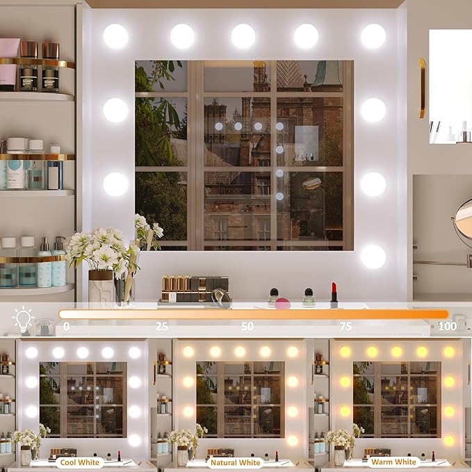 Makeup Vanity Desk with Mirror and Lights,Glass Top Dresser with Charging Station,Vanity Table with 7 Drawers and 10X Makeup Mirror,Rotating Open Storage Cabinet (White-10X Mirror, Large)