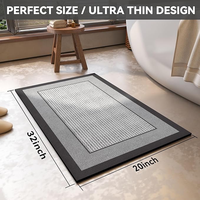Non Slip Thin Bath Mat Bathroom Rugs, Rubber Backing Ultra Thin Bathroom Rug Fit Under Door, Quick Dry Super Absorbent Washable Shower Bath Mats, Grey 20x32