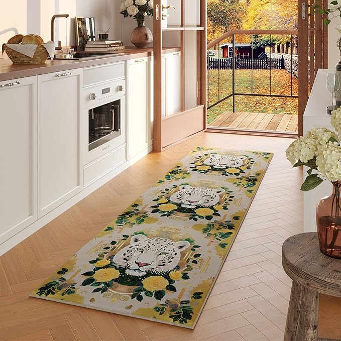 Runner Rug for Kitchen Rug Non Slip 2'6"x8' Washable Rugs with Rubber Backing Soft Retro Lavish Leopard Floral Animal Carpet Runner for Kitchen, Laundry, Bedroom, Bathroom