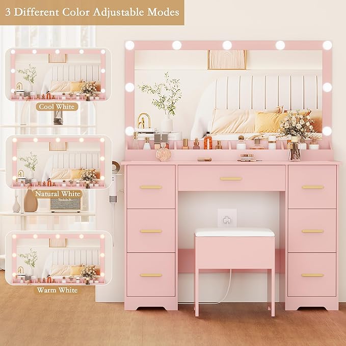 Makeup Vanity Desk with Mirror and Lights, Glass Top Vanity with 38" Lighted Mirror & Charging Station, Large Vanity Mirror with Lights Desk and Chair for Girls 3 Lightings Mode Adjusted, Pink