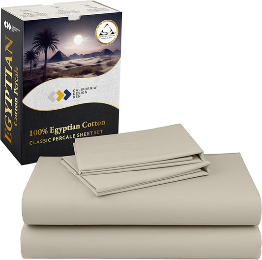California Design Den Certified 100% Egyptian Cotton Sheets Full Size Bed - Cotton Percale Sheets Full Size Set with Deep Pockets, Cool, Crisp & Durable Luxury Bedding Set - Beige
