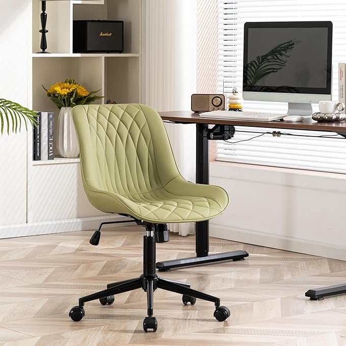 YOUNIKE Home Office Desk Chair with Wheels Comfy Small Modern Vanity Chair with Back Ergonomic Swivel Adjustable Armless Cute Leather Upholstered Rolling Task Chair no Arms Avocado Green