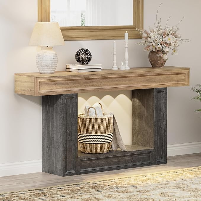 Rresyet 63" Console Table, 2-Tier Entryway Table with Sensor Lights, Coffee Table Behind The Sofa, with U-Shaped Base Suitable for Entryways, Living Rooms, Corridors, and Foyers(Wood)