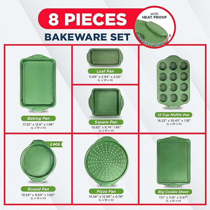 BAKKEN Kitchen Baking Pan Set - Nonstick Green Marble Coating, Carbon Steel Bakeware Sets with Green Silicone Handles, Kitchen Essentials, PFOA, PFOS, PTFE Free, Oven Safe (Up To 450° F), Set of 8