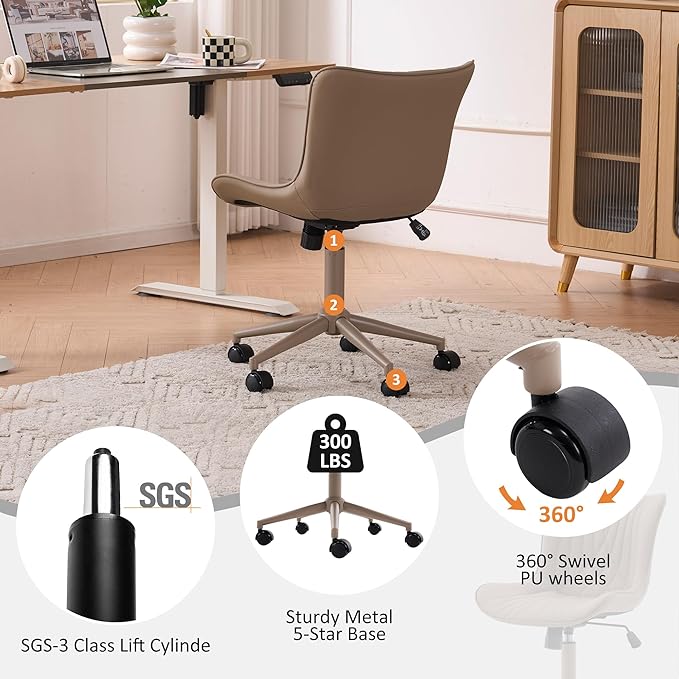 YOUTASTE All Khaki Office Chair, Modern Armless Desk Chair with Back, Adjustable Swivel Rolling Faux Leather Task Chair with Wheels Metal Base for Home Office, Study, or Vanity