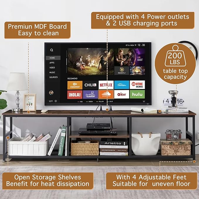 VECELO TV Stand with Power Outlets for Televisions up to 75Inch, 62" Media Entertainment Center with Charging Station 3-Tier Open Storage Shelves with Metal Frame for Living Room/Bedroom，Brown