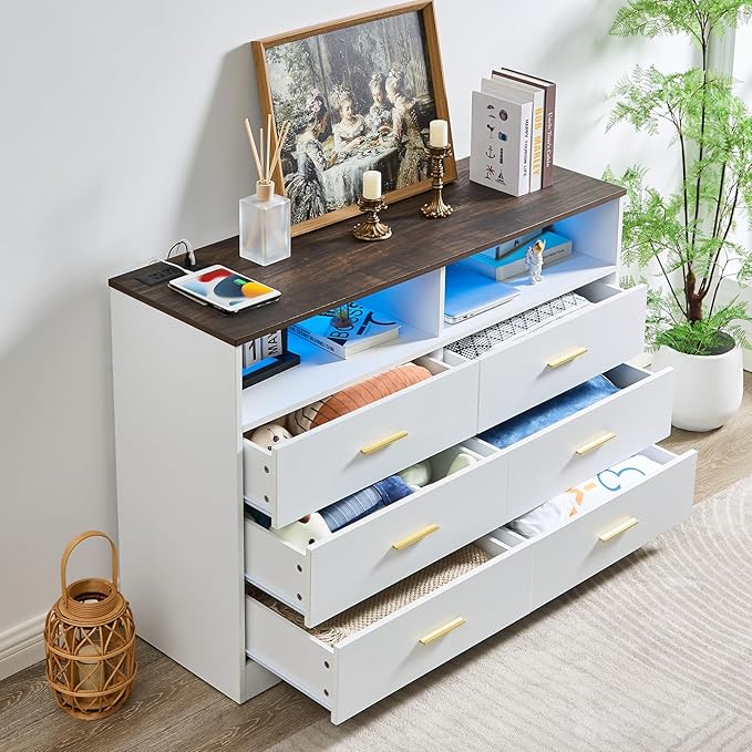 LIDYUK Dresser for Bedroom, Wood Dresser with 6 Drawers, Modern Minimalist Dressers & Chest of Drawers with Charging Station & LED Lights, 48 Inches TV Stand for Bedroom, Living Room, White