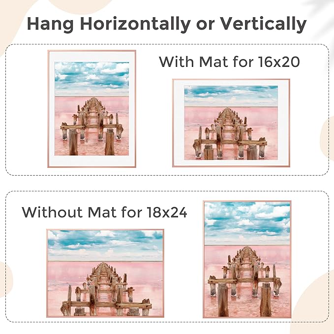 18x24 Metal Picture Frame For Wall With Mat For 16x20, 18''x24'' Aluminum Photo Frames With Tempered Glass, Minimalist Modern Poster Frame Horizontally Vertically Set of 2, Rose Gold