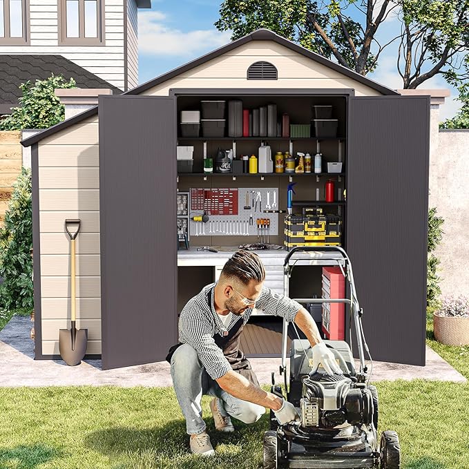 8.5 ft. W x 6.3 ft. D Resin Outdoor Patio Storage Shed with Firewood Rack, Floor and Lockable Door
