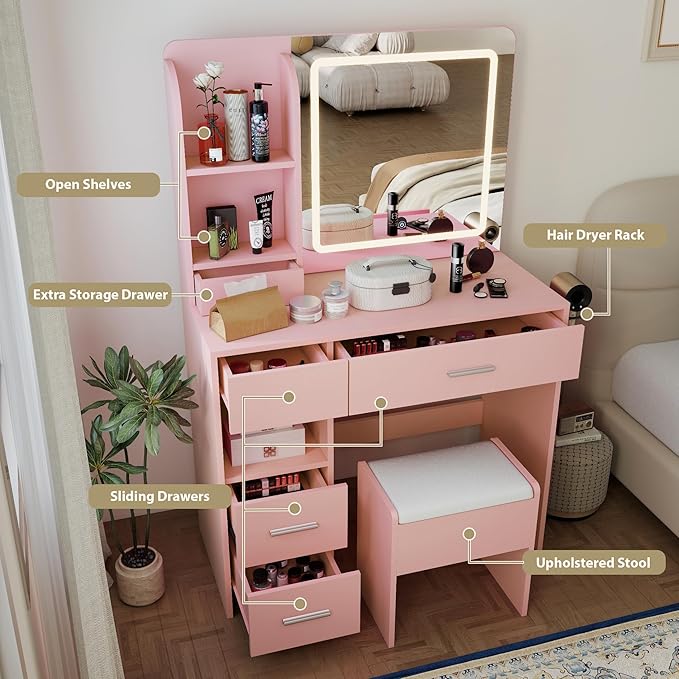 Vanity Desk with Mirror and Lights, 3 Adjustable Lighting Makeup Vanity Desk with 3 Storage Shelves, 5 Large Drawers and Power Outlet, Pink Vanity with Chair for Bedroom