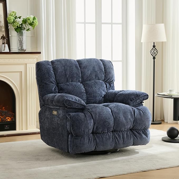GINGO Power Oversized Recliner Chair, Extra Wide Swivel Rocking Recliner Chair, Breathable Soft Fabric Modern Single Sofa for Living Room, 90°-140° Electric Adjustable Angle, USB & Type-C Port, Blue