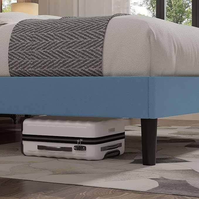 VECELO Queen Size Bed Frame with Upholstered Headboard, Velvet Platform Bedframe Mattress Foundation, Strong Wood Slat Support, No Box Spring Needed,Sky Blue