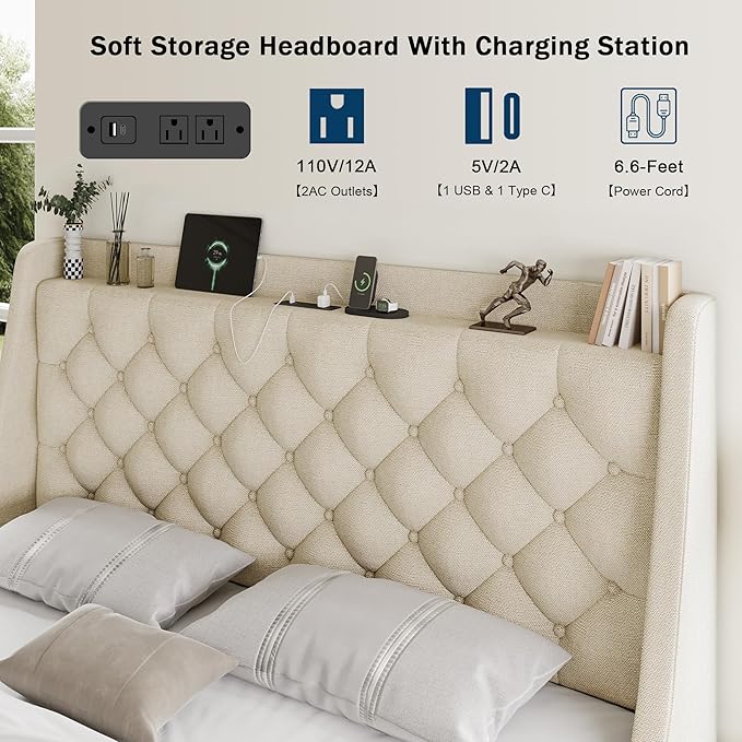 Queen Bed Frame with 4 Storage Drawers, Huge Upholstered Wingback Headboard, Fast Charging Station, No Box Spring Needed, Noise-Free, Beige