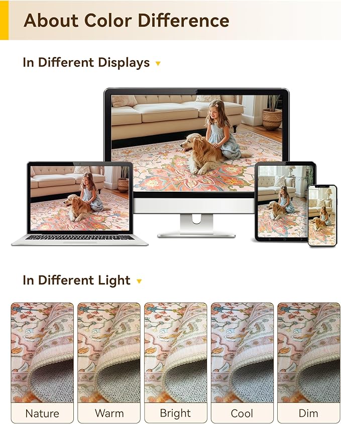 Area Rugs 5'x7' Washable Non-Slip, Floral Vintage Distress Print Pattern Medallion Carpet for Living Room Bedroom Dining Room, Light Pink Colorful