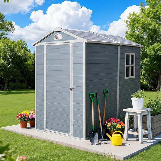 6x4 FT Outdoor Storage Resin Shed with Floor, Waterproof Plastic Garden Tool Shed with Windows, Vents & Lockable Door and Sloped Roof, Easy to Assemble Bike Shed for Patio, Backyard, Lawn, Grey