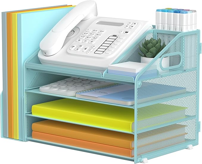 DocNest 4 Tier Paper Letter Tray File Organizer, Mesh Desk File with Handle, Workspace Desk Organizers with Pen Holder, Office Organization Storage Accessories - Blue