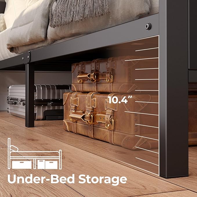 Rolanstar Full Size Bed Frame with Headboard, LED Bed with Bookcase Storage and Charging Station, Metal Platform Bed with Glass Shelves, No Box Spring Needed, Noise-Free, Black