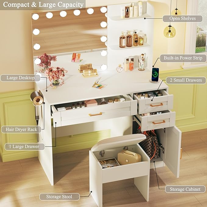 Vanity Desk with Lights, 37inch Makeup Vanity Desk with Mirror & Power Outlet, 3 Colors Lighting Adjustable Brightness, Makeup Vanity Set with Cushioned Chair and Cabinet, 3 Drawers, White