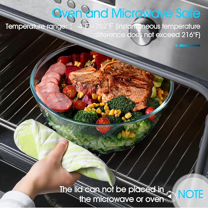 NUTRIUPS 4.7 Quart Large Glass Mixing Bowl with Lid, Deep Big Glass Bowl Large Salad Bowl (Blue)