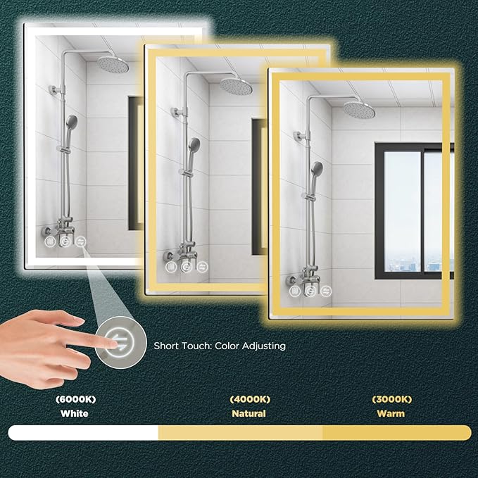 24"x 32" LED Bathroom Mirror with Stepless Dimmable Wall Mirrors with Anti-Fog, Dimmable CRI>90, Vanity Mirror with 3 Color Modes, Shatter-Proof, Memory Bathroom Mirror with LED Lights