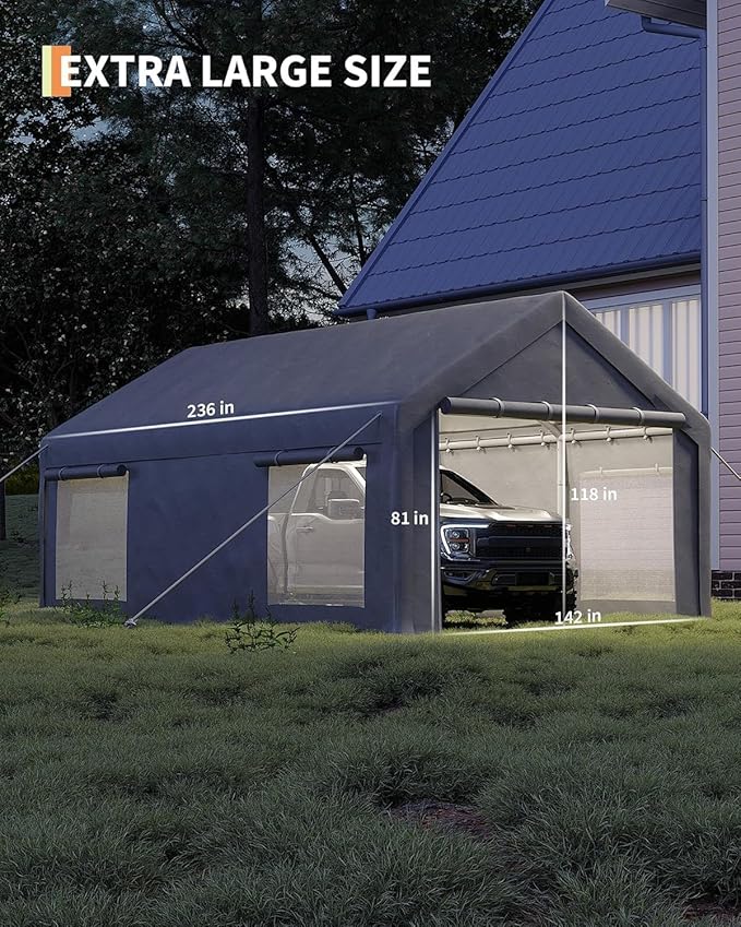 12 x 20FT Heavy Duty Carport with Roll-Up Windows, Portable Garage with Removable Sidewalls & Doors, Portable Car Tent Garage with Roll-Up Windows and All-Season Tarp, for Car, Truck,