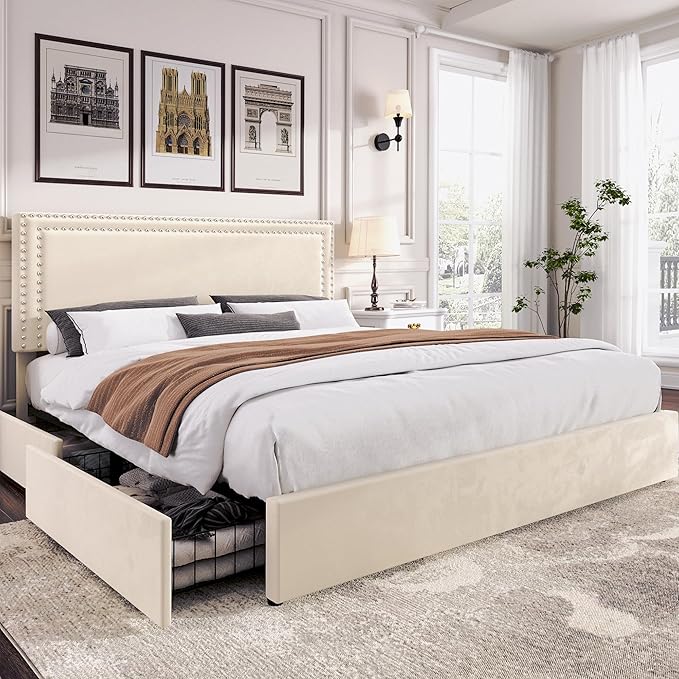 VECELO Full Size Upholstered Platform Bed Frame with 4 Storage Drawers, Adjustable Velvet Headboard Nailhead, Wooden Slats Support, No Box Spring Needed, Easy Assembly